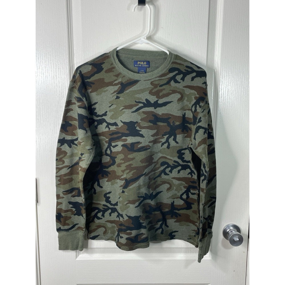 Polo Ralph Lauren Mens Camo Waffle Knit Thermal Shirt Large Green Punk Grunge